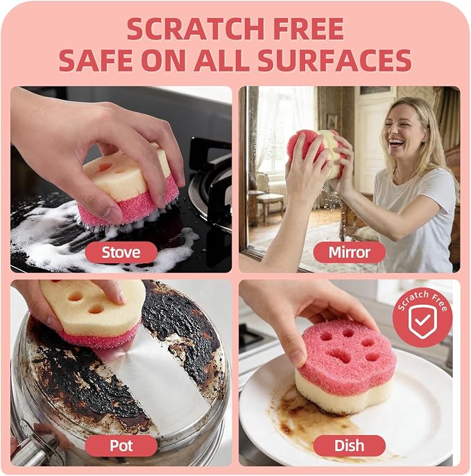 CLEANGOR 6Pcs Scrub Sponges, Dual-Sided Temperature-Controlled Dish Sponges | Scratch-Free, Easy to Clean, Kitchen Cleaning Sponges for Tough Stains, Delicate Surfaces, Glassware, Cookware, Appliances