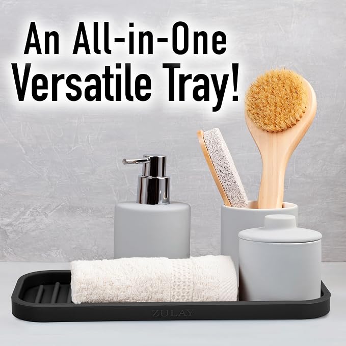 Zulay Kitchen (9x3.5) Silicone Sponge Holder for Kitchen Sink - Flexible Multipurpose Soap Tray Sponge Holder - Sink Organizer Tray for, Bathroom, Makeup, Trinkets & More (Black)