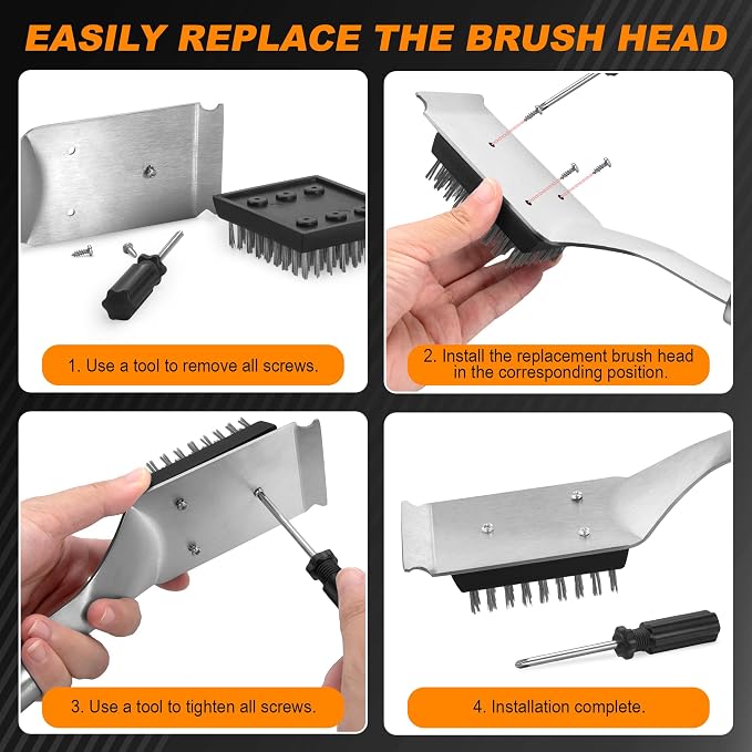BBQ Grill Cleaning Brush Scraper with 2 Replaceable Steel Bristles Head | 72-Well Wires Brush, Stainless Grill Grate Cleaner, for Weber Gas, Charcoal, Electrical, Infrared