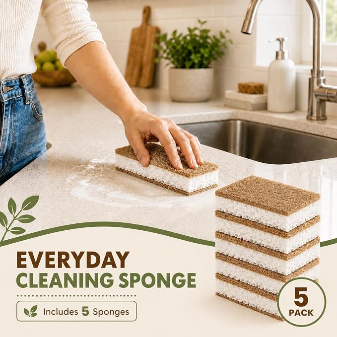 Plant-Based Kitchen Sponges, 5 Count, Cellulose Dish Sponges with Coconut Fiber Scrubber, Dual-Sided Cleaning Sponges for Dishes, Pots, Pans, Kitchen, Bathroom and Household