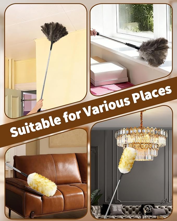 Extendable Ostrich Feather Duster with Bonus Wool Feather Duster Head - Natural Fluffy Non-Slip Handle Feathers Dusters for Cleaning Ceiling Fans, Blinds, Roof Dusting, High Surfaces (18-48 in)
