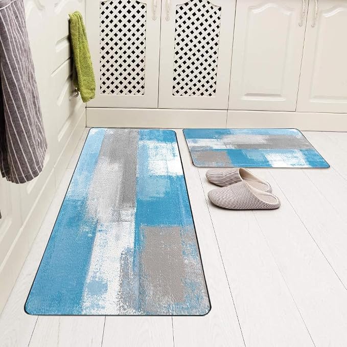 TOMWISH Kitchen Rugs Grey and Blue Abstract Art Set of 2 Floor Comfort Mats | Non Slip Washable Kitchen Sink Rug Farmhouse Kitchen Floor Mats Comfort Standing Mat for Laundry 20"X48"+20"X30"