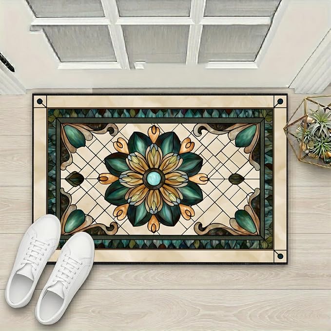 Stained Glass Floral Laundry Mat 23.6 x 19.6 Inch (Retro Green)