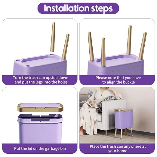 Procade Purple Bathroom Trash Can with Lid and Legs,Small Gold Garbage Can | 4 Gallon Tall Skinny Plastic WasteBasket,Dog Proof Trash can,Slim Room Decor Trash Bin for Bedroom,Kitchen,Office,Dorm,Toilet