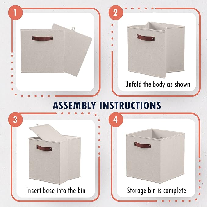 Ornavo Home 11x11 Foldable Fabric Storage Cube Bins, 6 Pack, Beige | Collapsible Linen Shelf Basket Organizer; Leather Handles; Ideal Cube Storage For Closet