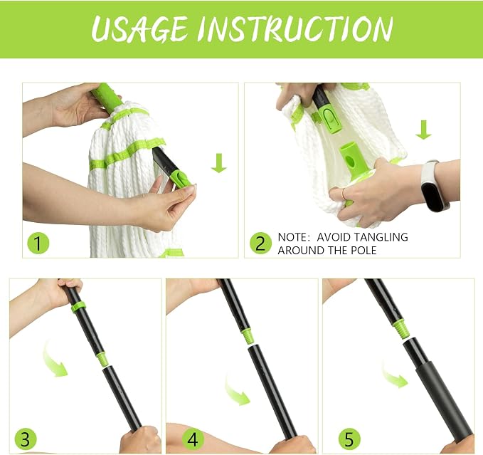 Self-Wringing Twist Mop,57" Long Handle, House Accessories,Green | Microfiber Floor Mop, Wet Mopping,House Accessories for Home,for Tile,Hardwood,Kitchen,Bathroom,Patio,Garage,Household Clean