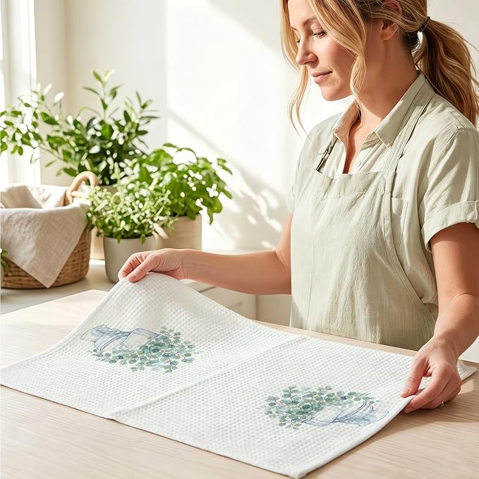 3 Pcs Eucalyptus Hand Towels 24x14 Inch, Botanical Reusable Dish Towels | Waffle Weave Hand Cloth Tea Towel for Kitchen Farmhouse Decor, Green Leaves Gifts for Women Friend