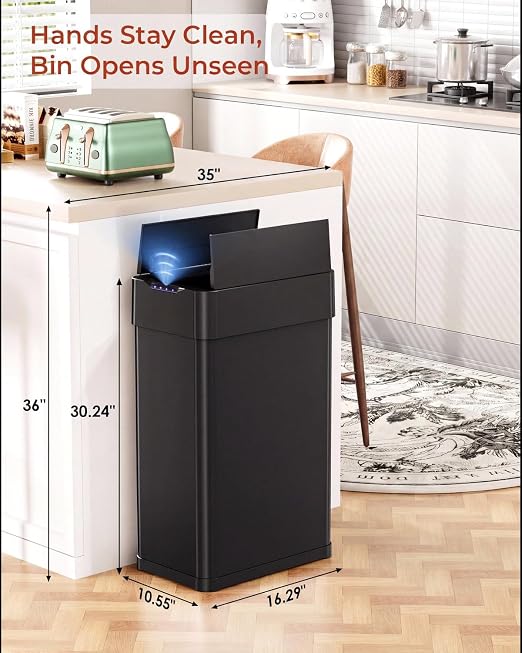 TLSUNNY 18.5 Gallon Automatic Trash Can, Motion Sensor Garbage bin | Stainless Steel Smart Trash Can W/ Butterfly Lid, Bag Retainer Ring for Living Room, Kitchen, Office (Black, 70L)