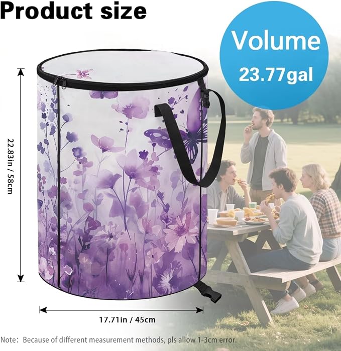 Butterfly Flower Collapsible Recycling Bin 24Gal - Compost Waste Container w/Sorting Clips & Lid | Waterproof Pop-Up Design for Lawn, Camping, Yard Waste Gifts for Outdoor Workers