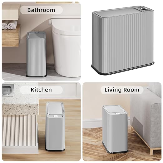 3.5 Gal Bathroom Trash Can with lid, Small Slim Kitchen Garbage Can,Gray | Plastic Office Waste Bin, Wastebasket for Narrow Space