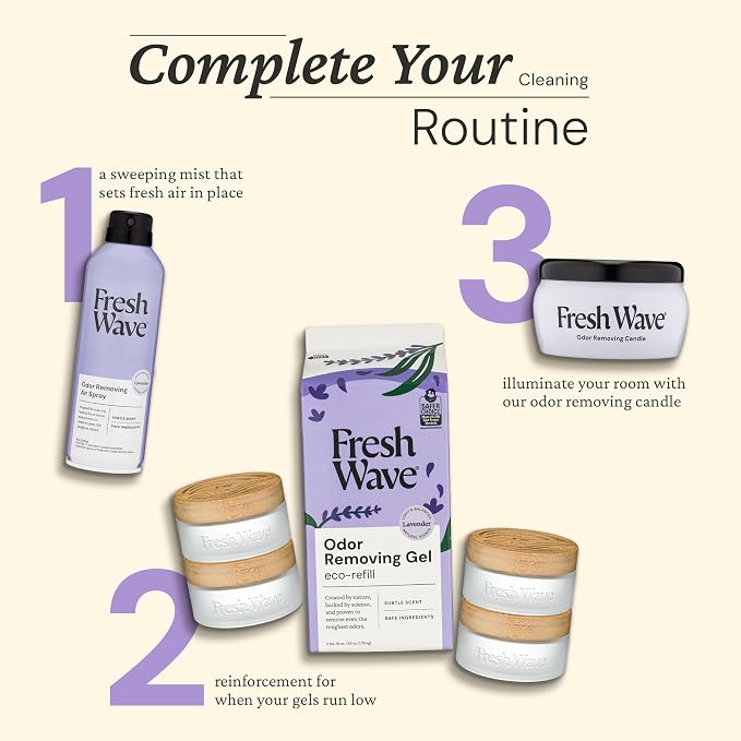 Fresh Wave Odor Removing Gel 4-Pack Glass Jar & 63oz Refill, Lavender | Refills 7oz gel up to 9 times or 15oz up to 4 times. Gel odor eliminator for bathroom, closet, or garage. No plug-in.