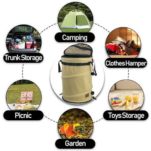 Sutekus Pop Up Storage Bin Collapsible Trash Can Recycle Container Reusable Utility Bag with Zippered Lid for Camping, Laundry, Garden (Khaki Color)