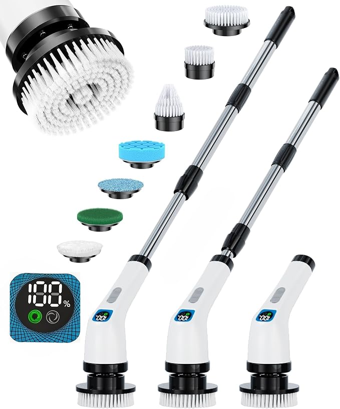 Electric Spin Scrubber with Long Handle | Shower Cleaner Brush for Bathroom | Dual-Speed Cordless Power Scrubber with 7 Brush Heads | IPX7 Waterproof Scrub Brush for Bathtub Tile Grout Glass Pool