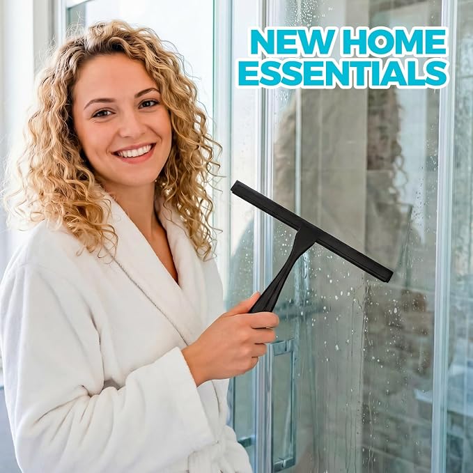 2pcs Shower Squeegee for Glass Doors with Adhesive Hanging Hook Set | 10” Black, Bathroom Accessories, Window Cleaner, New Home Essentials, Soft Rubber Blade, Metal Handle, Ergonomic Grip