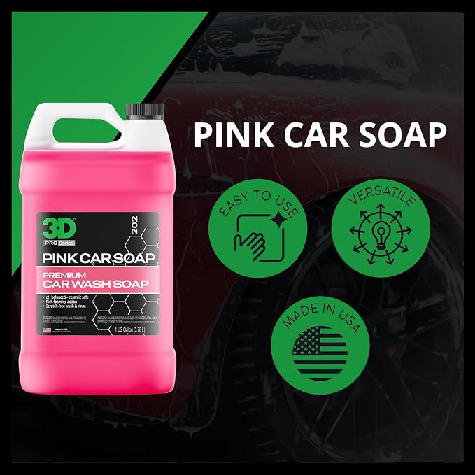 3D Pink Car Wash Soap, 1 Gallon – High Suds pH Neutral Car Shampoo, Cherry Scent, Safe for Ceramic Coatings, Wax & Sealants, Leaves a High Gloss Finish