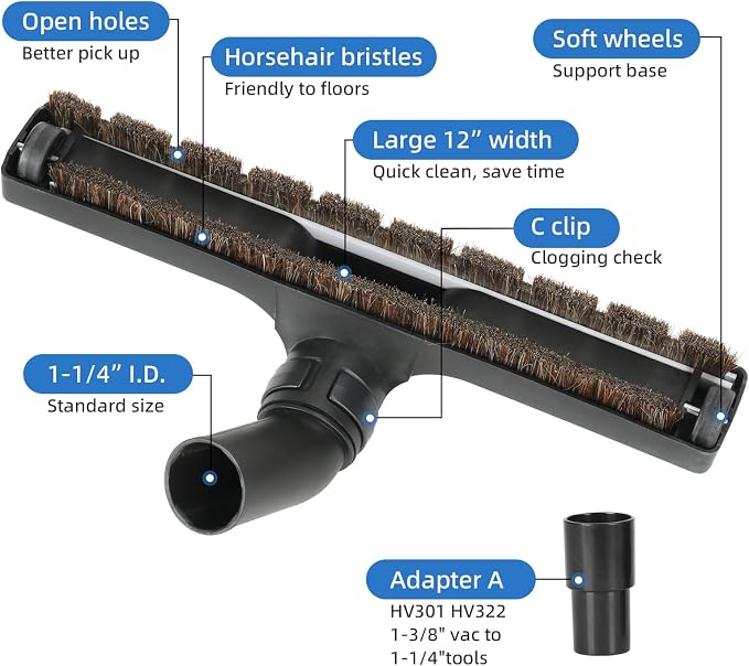 Hardwood Floor Brush Vacuum Attachment Compatible with Shark Corded Stick Rocket HV301 HV322, 1-1/4" Horsehair Brush Accessory with Adapter (Hardfloor Brush)