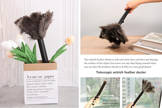 Retractable Ostrich Feather Duster for Cleaning, 15 Inch Fluffy and Natural Feather Duster with Retractable Handle, Reusable Eco-Friendly Handheld Cleaning Supplies(5PCS)