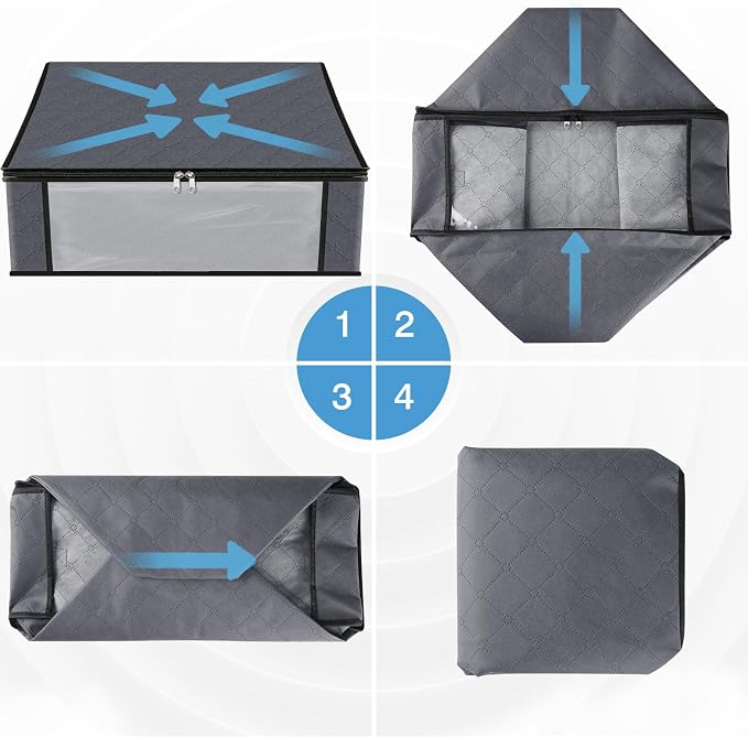 HomeHacks Storage 4-Pack Clothes Organizer Storage Bags Foldable Storage Box with Large Clear Window Sturdy Handles for Closet, Dorm, Pillows, Bedding, Clothes, Stuffed Toys, Blankets, Grey | Foldable Storage Box Container with Zippers, Clear Window, R...