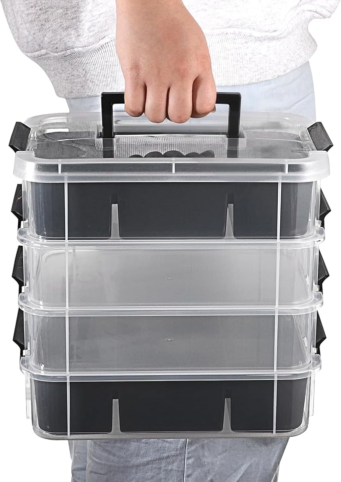 JUXYES 4-Tiers Plastic Stack Carry Storage Containers Box wih Handle Lids | Clear Stackable Latching Storage Bin With 2 Tray for School Office, Organizing Sewing, Art Craft, DIY Supplies, Black