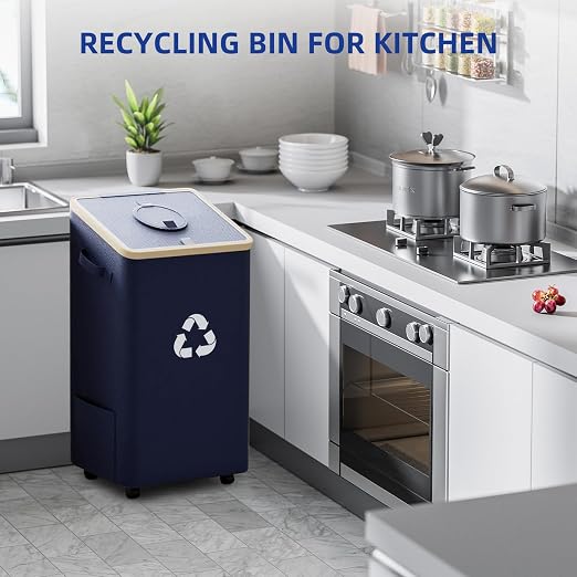 26-Gallon Kitchen Recycling Bin with Lid, Locking Wheels, Dark Blue | 100L capacity, two reusable inner bags, sorting stickers for bottles, cans, glass and plastic