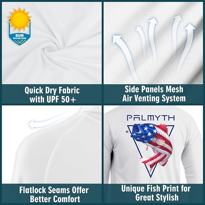 Palmyth Men's Fishing Hoodie UPF 50+ Long Sleeve with Face Mask Neck Gaiter | Zipper Pocket, Thumb Loops, Quick-Dry, Side Mesh Panels, Lens Cleaning Cloth