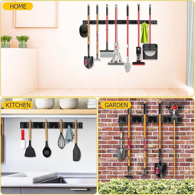 2 Pack Wall Mount Broom Holder with Sliding 3 & 4 Racks 4 Hooks,Mop Hanger | 15-30'' Broom Hanger Wall Mount,Aluminum Alloy Broom Holder Wall Mount,Broom and Mop Organizer Wall Hanging,Broom Holder
