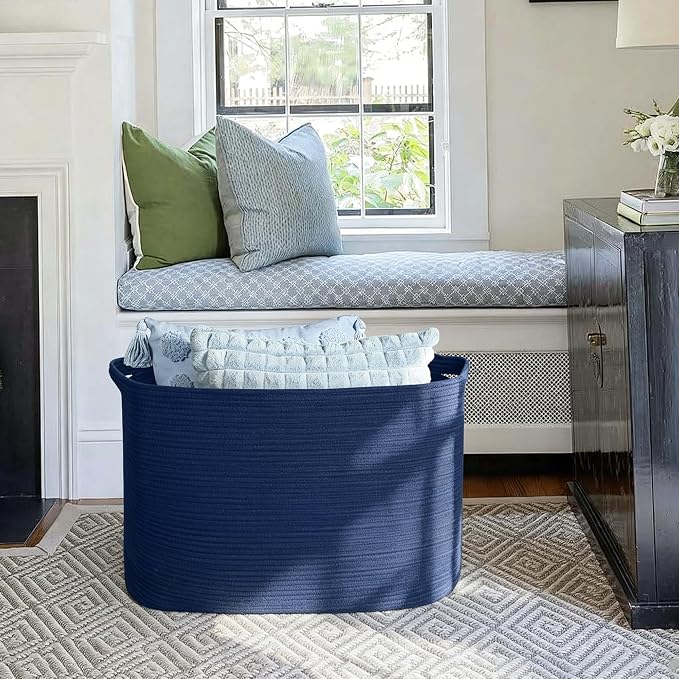 MEGASKET 108L Extra Large Storage Basket, 25"x16"x16" Blue Blanket Basket Living Room, Oversized Cotton Rope Blanket Storage, XXXL Woven Kids Dog Toy Bin Box, Jumbo Laundry Shoes Towel Bin, Navy Blue