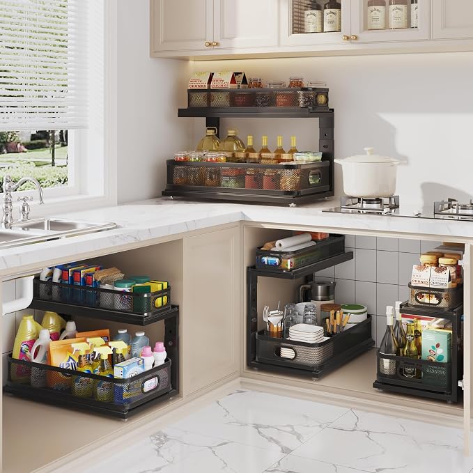 2 Pack 21IN-Depth Under Sink Organizer With Next-Gen Ball-Bearing Slides,2-Tier Precision Mesh Pull Out Cabinet Storage for Bathroom&Kitchen,Height Adjustable Drawers Shelf,Anti-rust-Black