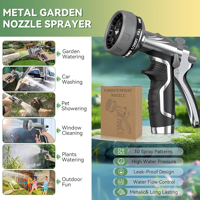 Garden Hose Nozzle, Heavy Duty Metal Water Hose Nozzle with 8 Adjustable Spray Patterns, High Pressure Hand Sprayer with Flow Control for for Garden Watering, Car & Pet Washing