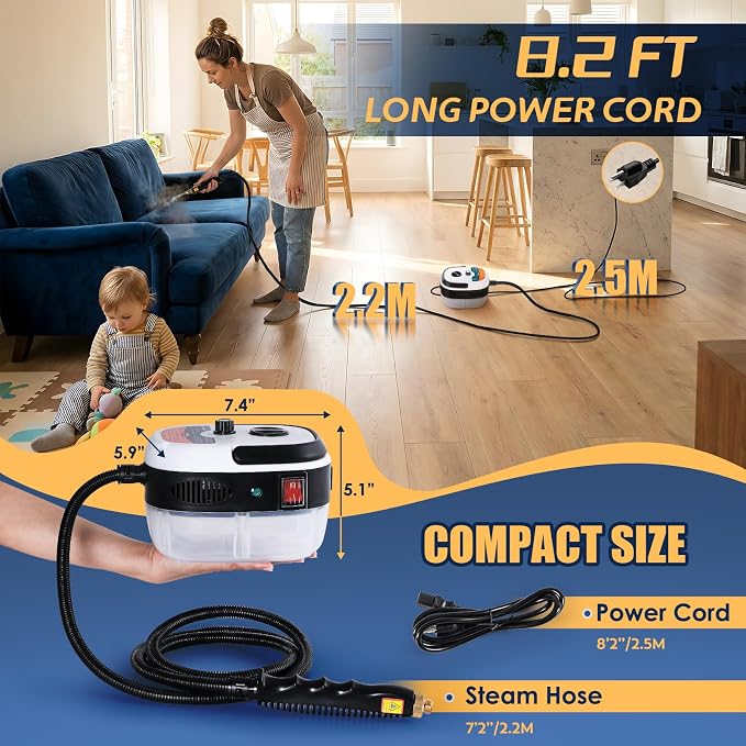 2500W Handheld Steam Cleaner, Pressurized Steam Cleaning Machine with 3 Brush Heads, 20s Heat Up, 1L Tank, Multipurpose Mini Portable Steamer for Tile, Grout, Furniture, Kitchen, Car, Home