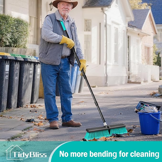 TidyBliss 18” Push Broom Outdoor Heavy Duty, Large Commercial Stiff Bristle Brush with 63 inches Long Handle for Garage Shop Garden Yard Patio Deck Street Warehouse Lawn Driveway (Green)