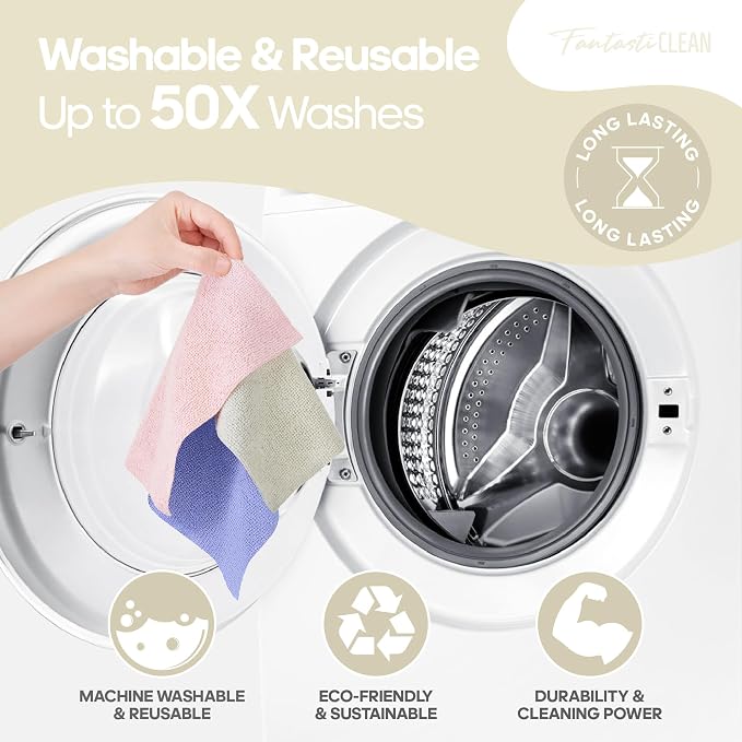 Fantasticlean Microfiber Cleaning Cloth Roll, 60 Pack, 8" x 8", Off White | Tear Away Microfiber Towel Roll, Reusable Paper Towels, Rags for Kitchen, Pet, Dust, Car, Office, Cleaning Supplies, Portable