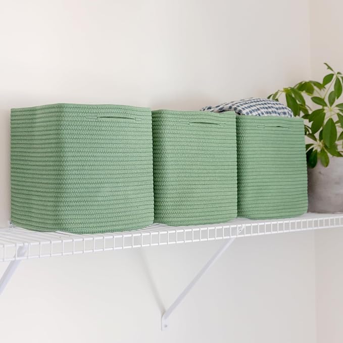 NaturalCozy Storage Cubes 11 Inch Cotton Rope Woven Baskets for Organizing, 3-Pack | Cube Storage Bin | Square Storage Baskets for Shelves Organizer, Classroom, Kids Toy Bins, Closet, Baby Nursery