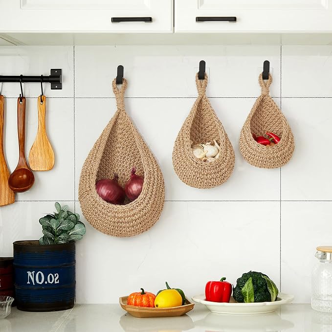 3 Hanging Baskets,Light Linen,Teardrop,Cotton Rope | Wicker Wall Baskets with Hooks for Fruit Vegetable Onion Storage, Teardrop Organizer for Kitchen, Boho Farmhouse Decor