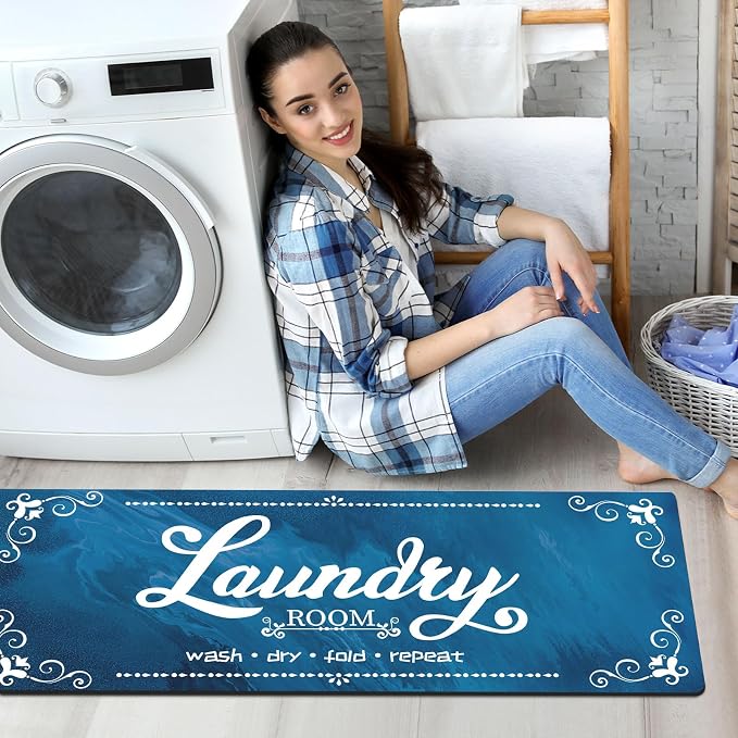 XLHOMO Laundry Room Rug Runner Non Slip, 17.7"x45" Navy Blue Laundry Mat Farmhouse Washable, Laundry Rugs for Laundry Room Floor, Mudroom, Kitchen, Washroom, Bathroom, Hallway, Entryway Carpet Decor