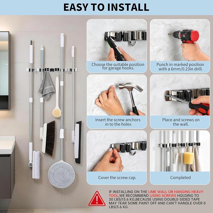 Mop and Broom Hanger Wall Mounted, 5 Racks and 4 Hooks, Storage Organiser (1, Black, 5)
