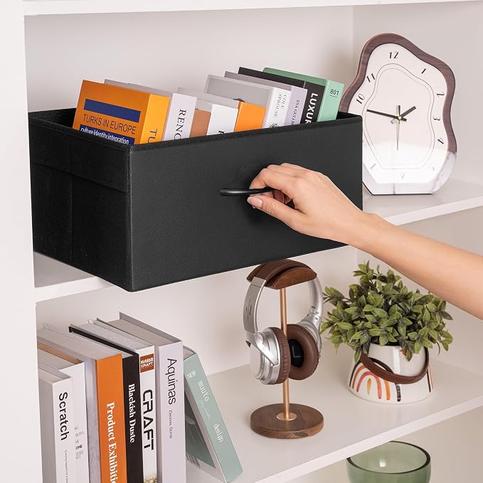 StorageWorks Black Storage Bins, Leather Storage Baskets, Large, 4-Pack | Reinforced Handles, Faux Leather Front, Non-woven Fabric, Collapsible, Space-Saving, Closet Organizers and Storage Bins