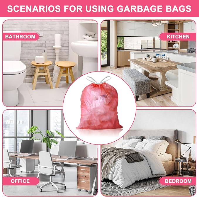Small Trash Bags, 100 Count 4 Gallon Drawstring, Red | Tear-Free, Unscented, Small Garbage Bags, For Bathroom Kitchen Office Bedroom