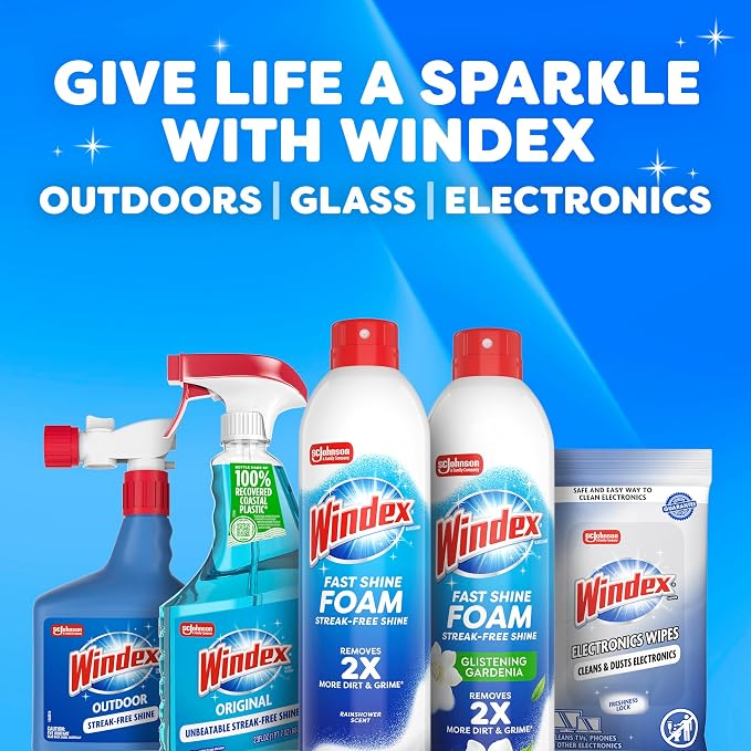 Windex Fast Shine Foam Glass Cleaner, No-Drip Windows, Doors, Mirrors, Countertops Aerosol Cleaning Spray, Streak-Free Shine, Removes Fingerprints, Dust, Dirt, Gardenia Scent, 19 oz (Pack of 6)
