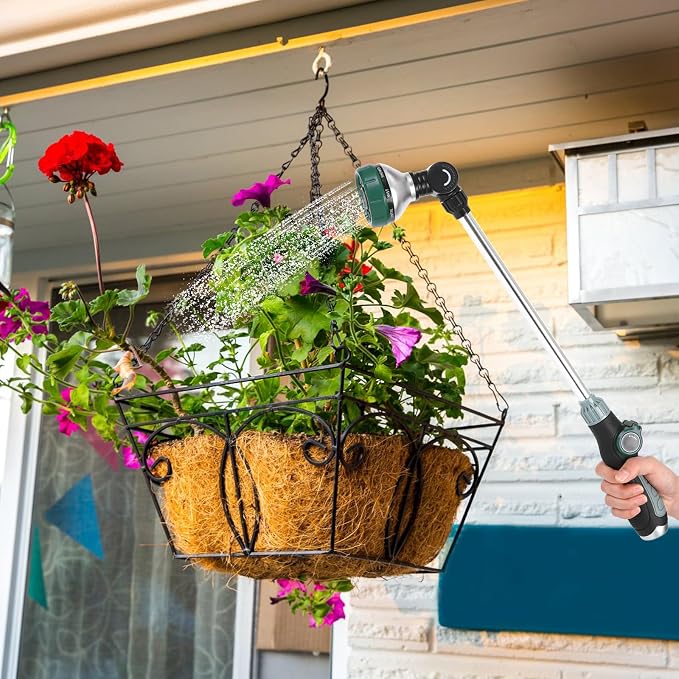 Watering Wand for Garden Hose, 24 Inch, 8 Spray Patterns, Garden Hose Nozzle with Thumb Flow Control, Adjustable Water Sprayer with Pivoting Head, Ideal for Hanging Baskets and Shrubs