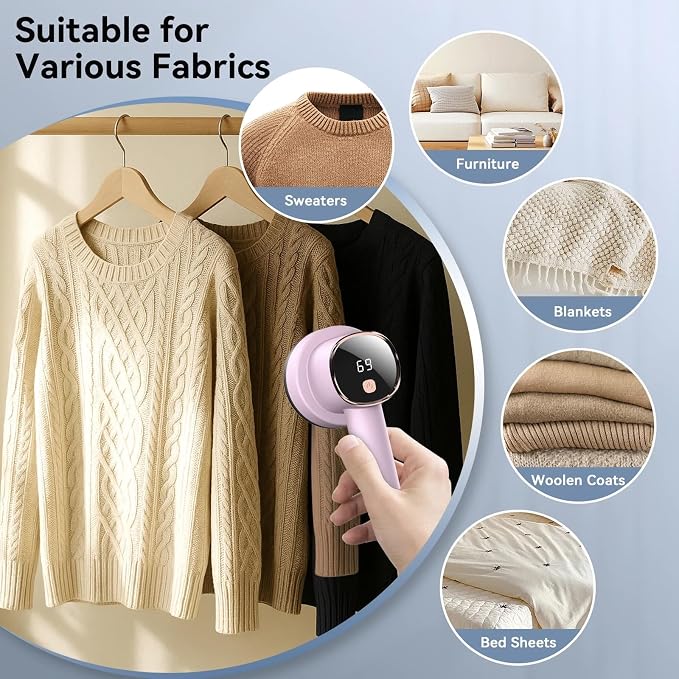 Rechargeable Fabric Shaver, 6-Leaf Blades, LED Display, 3 Speeds | Portable Lint Remover Easy to Remove Pilling, Fuzz & Lint Balls from Clothes, Sweater, Couch, Blanket, Furniture, Coat, Pink