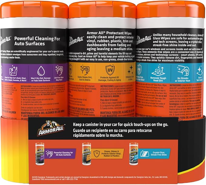 Armor All Protectant, Glass and Cleaning Wipes, Wipes for Car Interior and Car Exterior, 30 Count Each (Pack of 3) | Car cleaning wipes, glass wipes for screens, windows and mirrors, protectant for vinyl and plastic, 30 count each