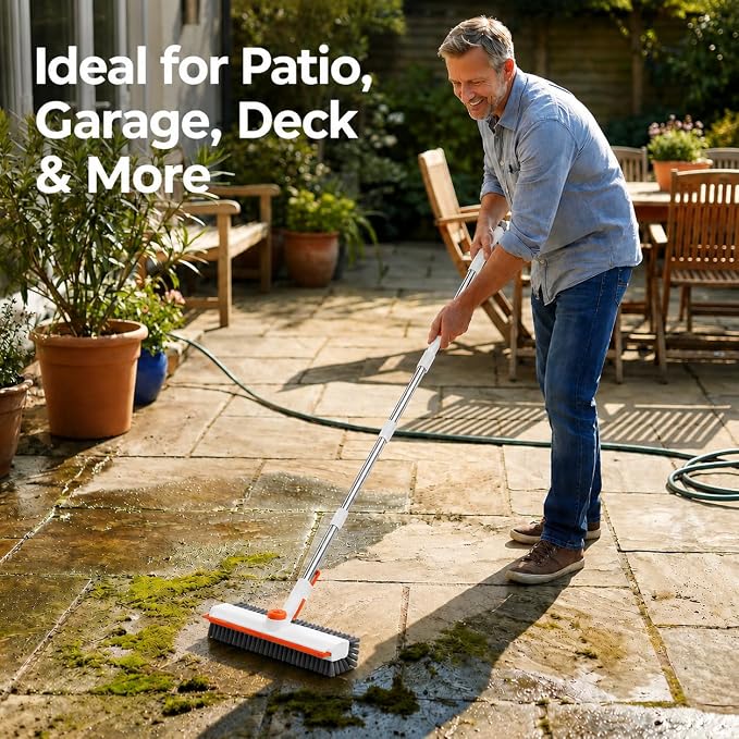 Heavy-Duty Floor Scrub Brush PRO with Long Handle,Squeegee&Stiff Bristles | Stable Locking Swivel Head Every 90°,Reinforced Stainless Pole,50" Long Reach,Indoor&Outdoor Use