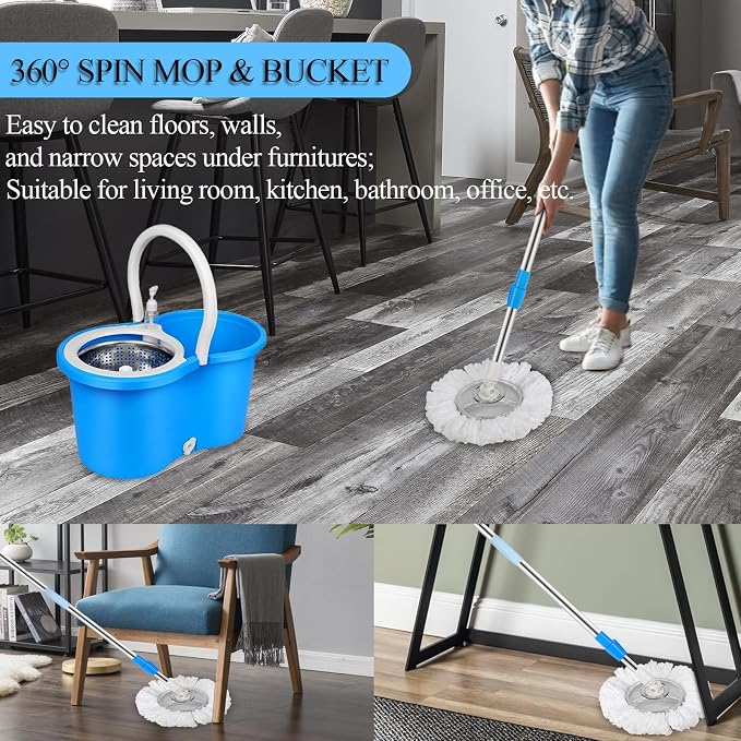 Spin Mop and Bucket System with Stainless Steel Wringer, 3 Mop Heads | Microfiber Spin Mop and Bucket System with Stainless Steel Wringer, 3 Mop Heads & 61" Telescoping Handle