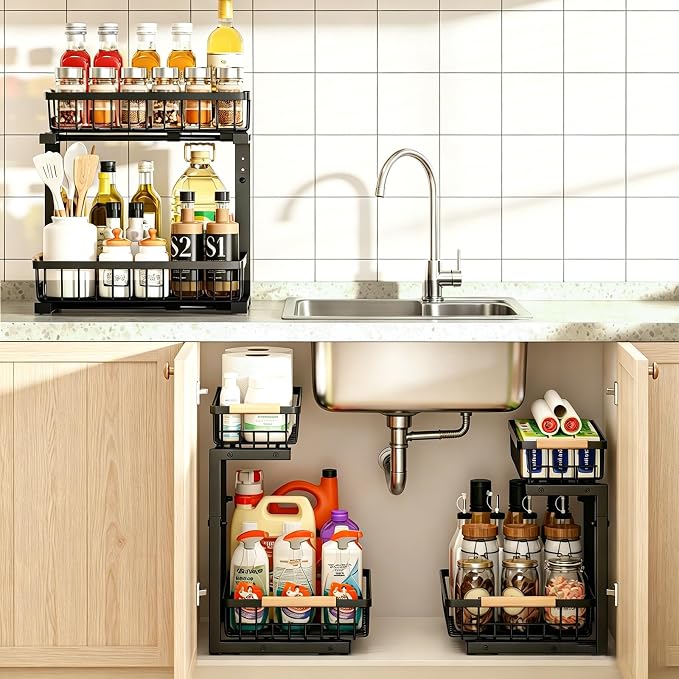 REALINN Under Sink Organizer, Adjustable 2 Tier Pull Out Kitchen Bathroom | cabinet organizer, 5 level adjustable, quiet sliding rails, dual suction and nano tape, no drill, rust resistant holds 50 lbs