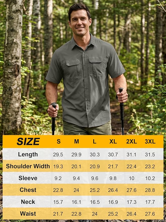 Mens Short Sleeve Fishing Shirt Sun Protection Quick Dry Lightweight | Breathable Fabric, Multi Pockets, for Fishing Safari Hiking Hunting Camping Outdoor Work Casual Wear