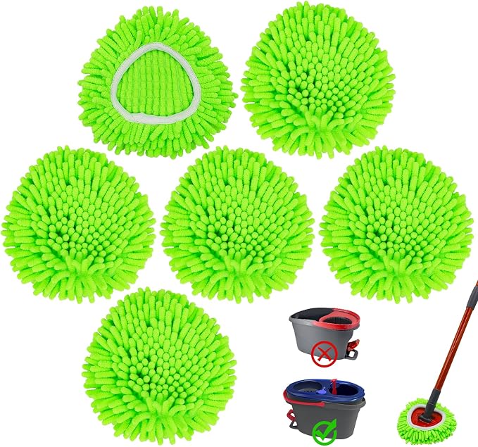 Mop Heads Replacements for O-Cedar RinseClean 2-Tank Spin Mop System | 6 Pack Chenille Duster Mop Replace Heads, Spin Mop Heads Dry/Wet Use for Hardwood Floor, Reusable and Washable, Green