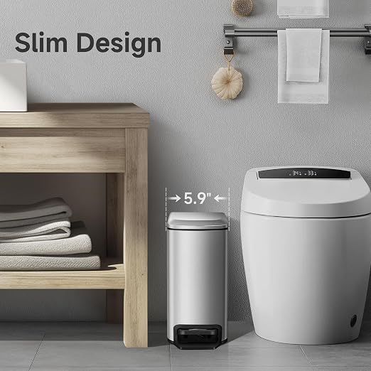TIPGO Small Bathroom Trash Can with Lid, 1.6 Gal, Soft Close, Silver | Foot Pedal, Soft Quiet Lid, 5.9'' Slim for Narrow Space, Stainless Steel, Anti-fingerprint, Removable Inner Bucket, Odor Seal