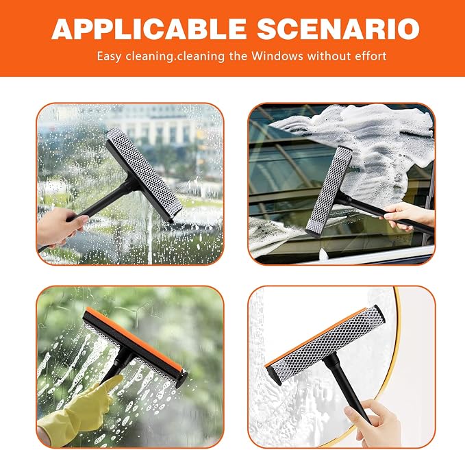 2 in1 Window Squeegee for Car, Window Cleaner with 16inch Long Handle,Sponge Car Window Squeegee for Gas Station, Glass,Shower,Outdoor High Window Cleaning