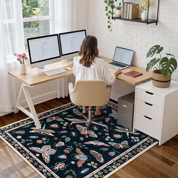 Anidaroel 48"x60" Office Chair Mat for Hardwood Floor/Tile, Black Anti-Slip Computer Chair Mat, Insect Print Office Rugs for Rolling Chairs, Low Pile Desk Floor Mat for Hardwood Floors